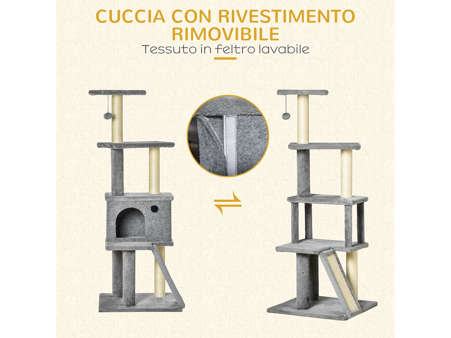 Albero tiragraffi multilivello con casetta, scala e pali in sisal grigio