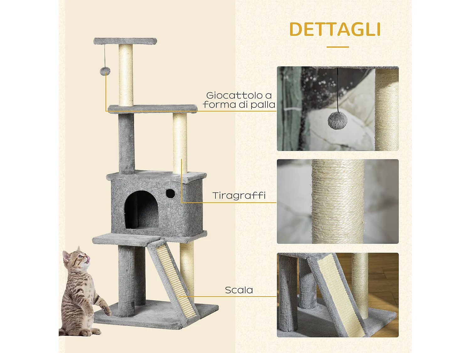 Albero tiragraffi multilivello con casetta, scala e pali in sisal grigio