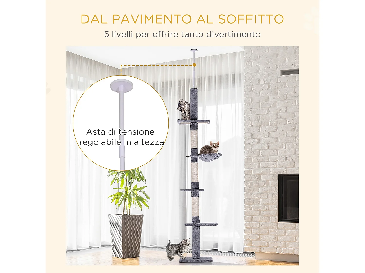 Albero tiragraffi a 4 livelli ad altezza regolabile in truciolato grigio