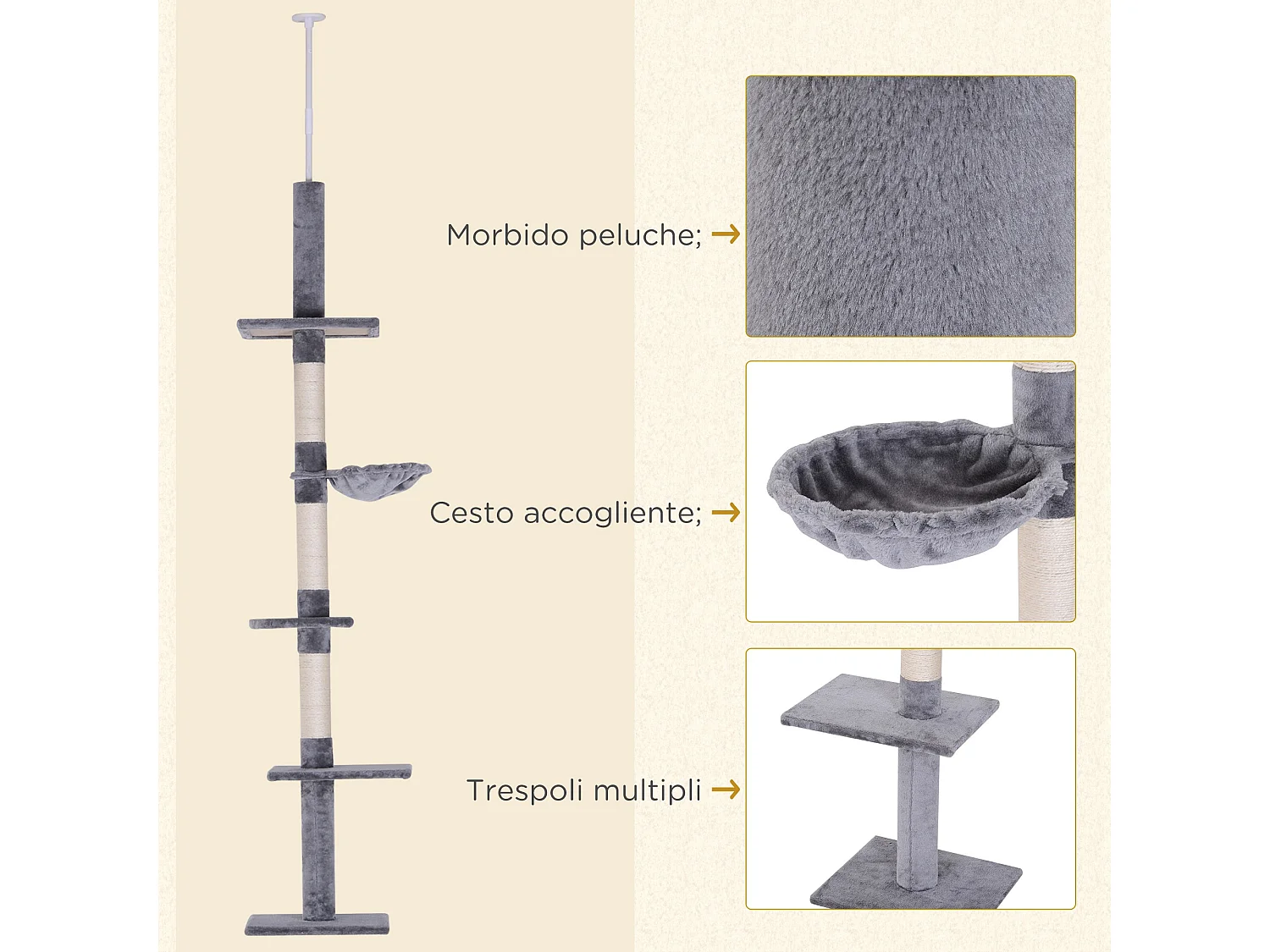 Albero tiragraffi a 4 livelli ad altezza regolabile in truciolato grigio