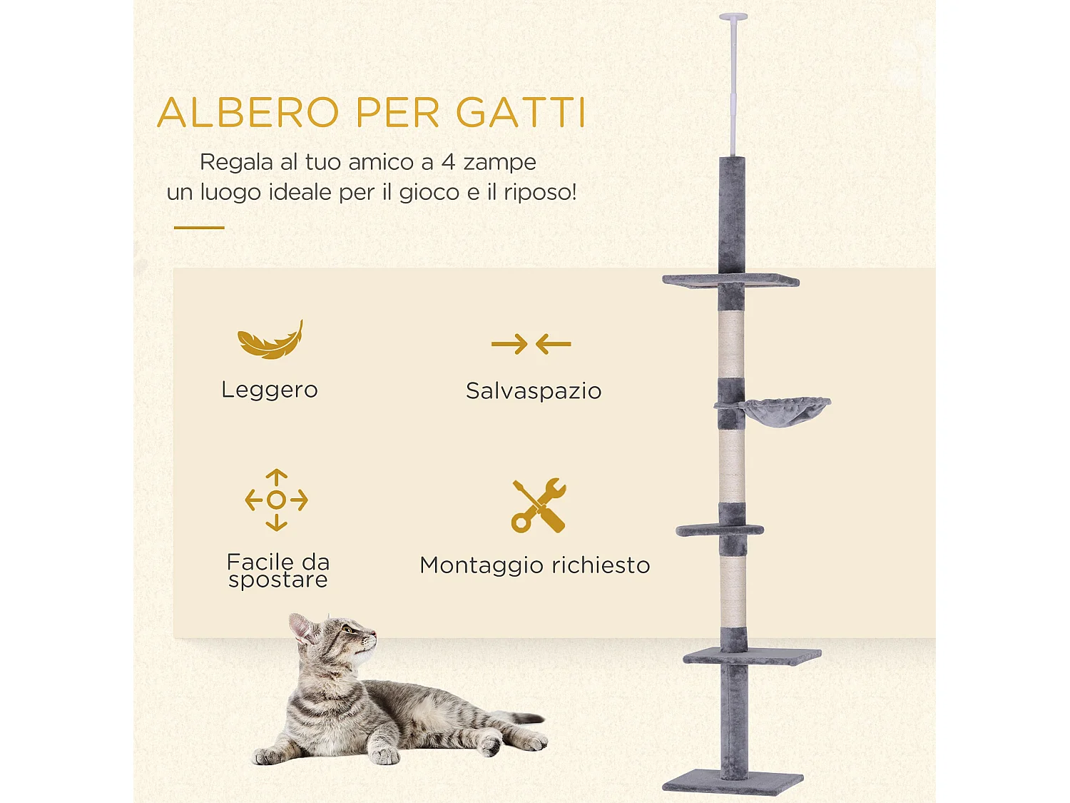 Albero tiragraffi a 4 livelli ad altezza regolabile in truciolato grigio