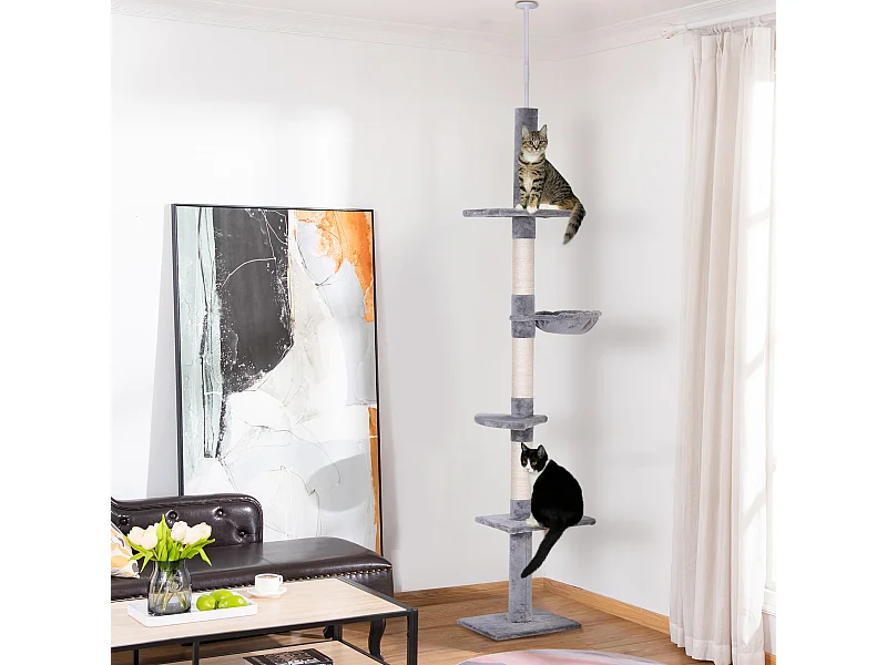 Albero tiragraffi a 4 livelli ad altezza regolabile in truciolato grigio