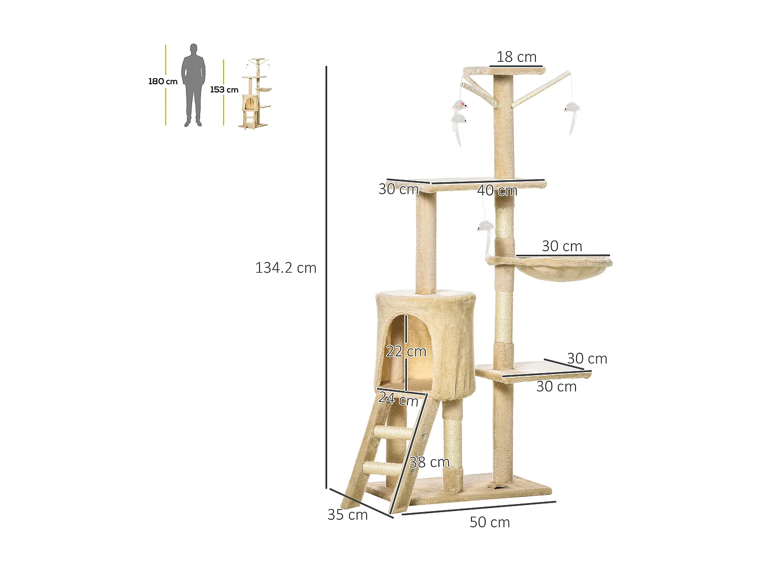 Albero per gatti tiragraffi per gatti con cuccia alto 134.2cm beige