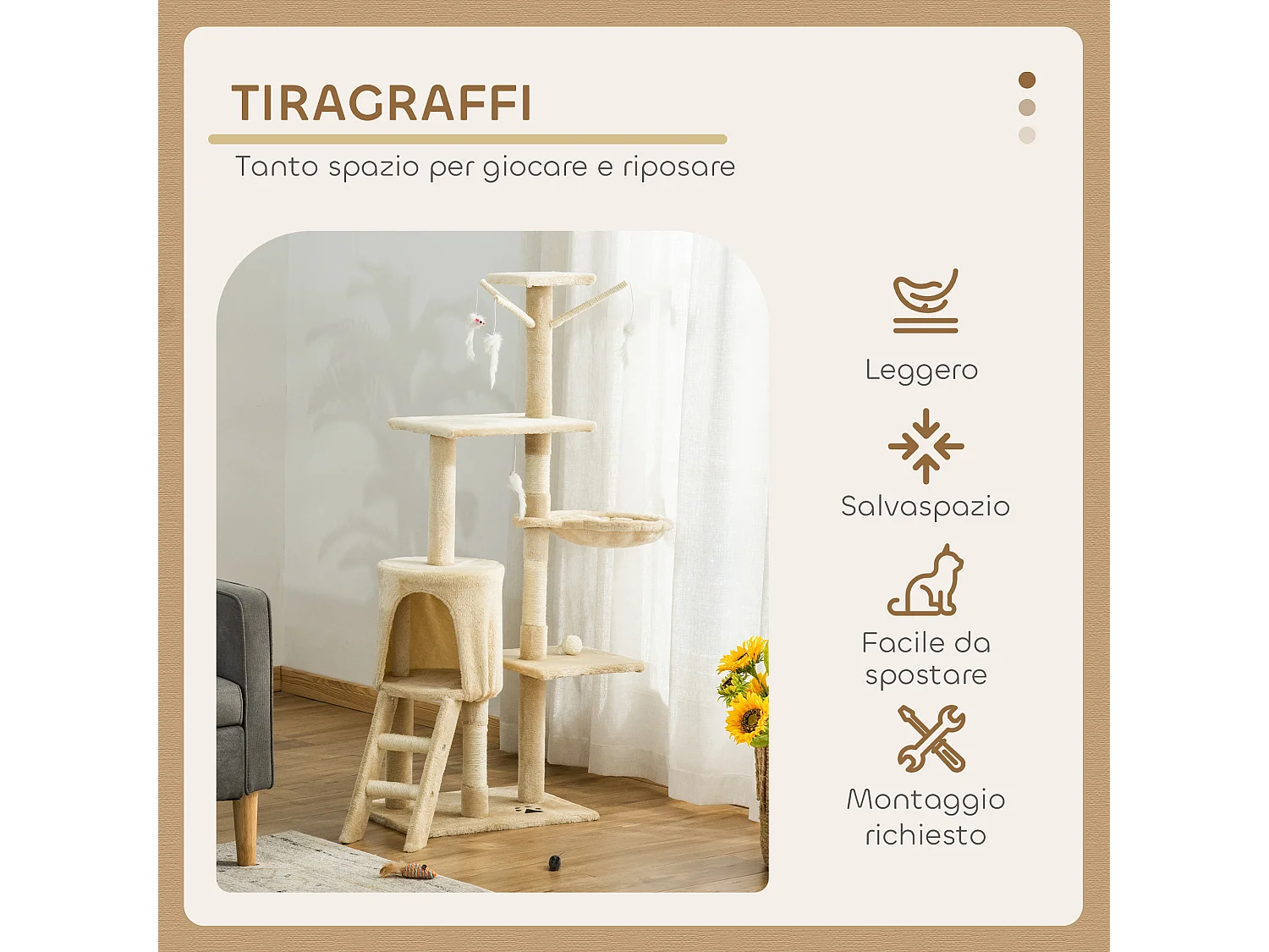 Albero per gatti tiragraffi per gatti con cuccia alto 134.2cm beige