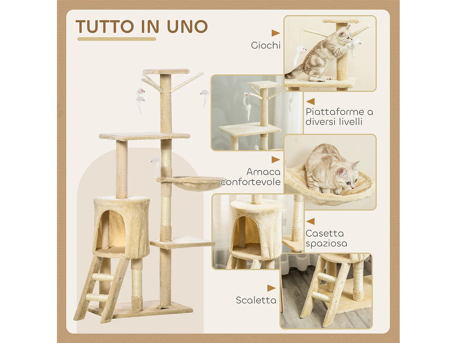 Albero per gatti tiragraffi per gatti con cuccia alto 134.2cm beige