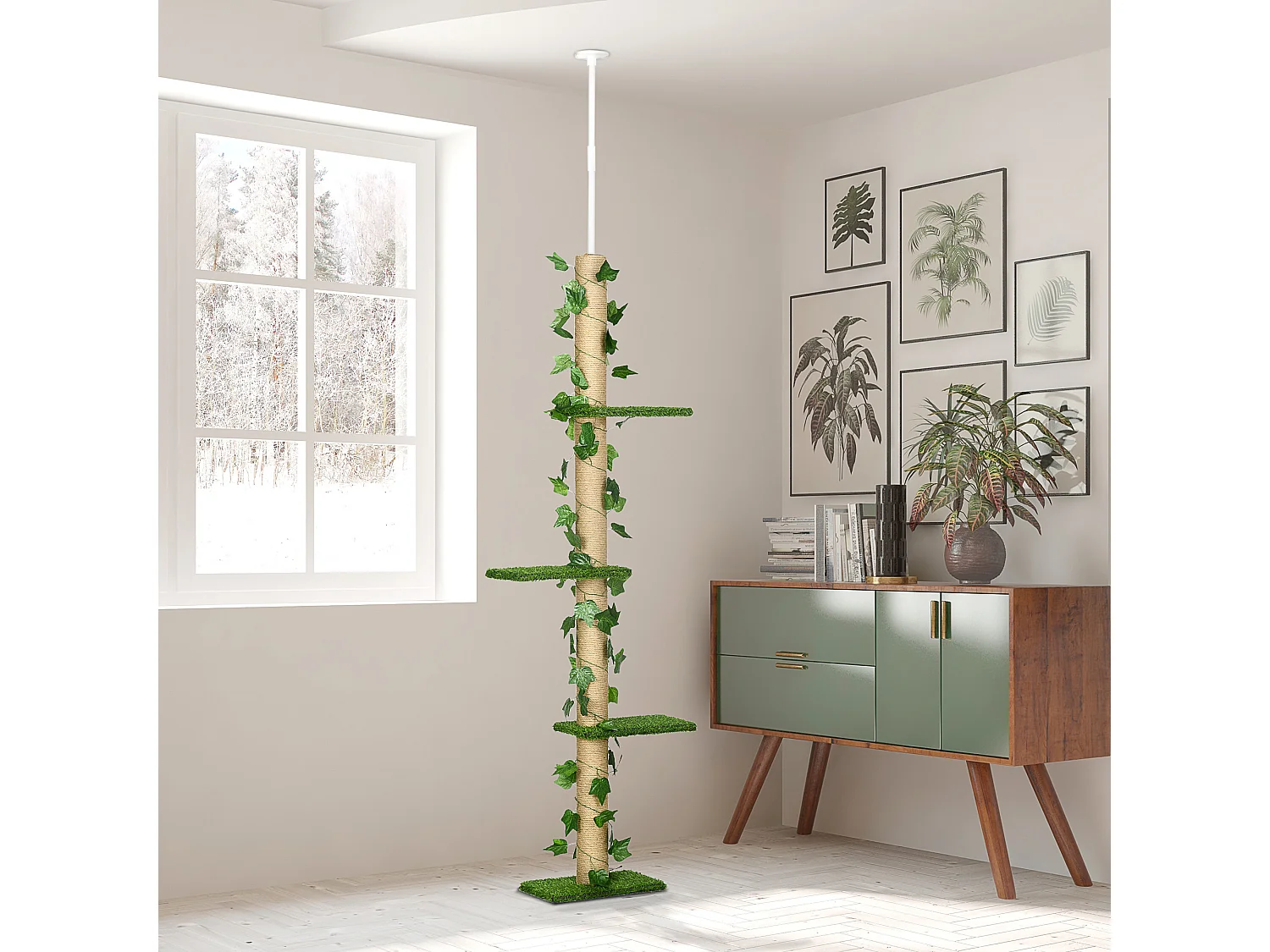 Albero tiragraffi per gatti a soffitto alto 202-242 cm regolabile, verde