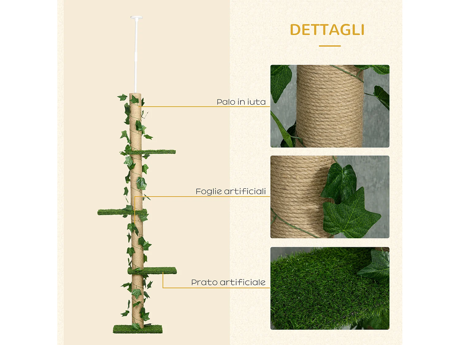 Albero tiragraffi per gatti a soffitto alto 202-242 cm regolabile, verde