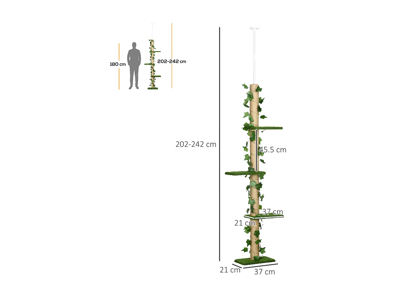 Albero tiragraffi per gatti a soffitto alto 202-242 cm regolabile, verde