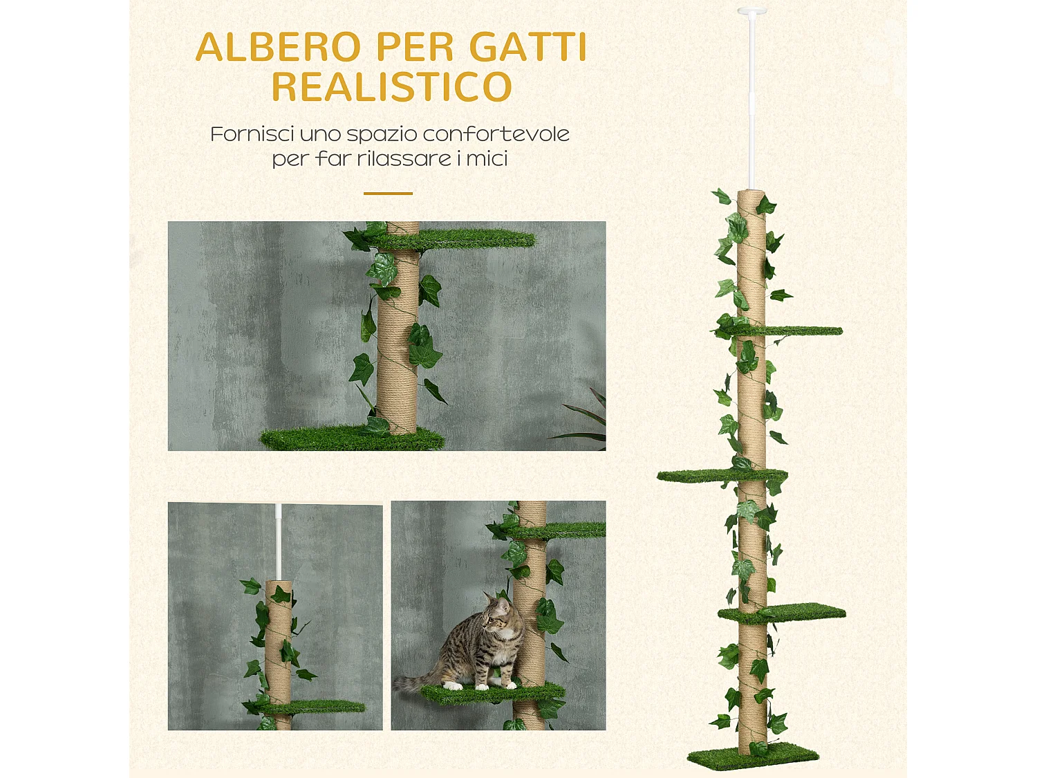 Albero tiragraffi per gatti a soffitto alto 202-242 cm regolabile, verde
