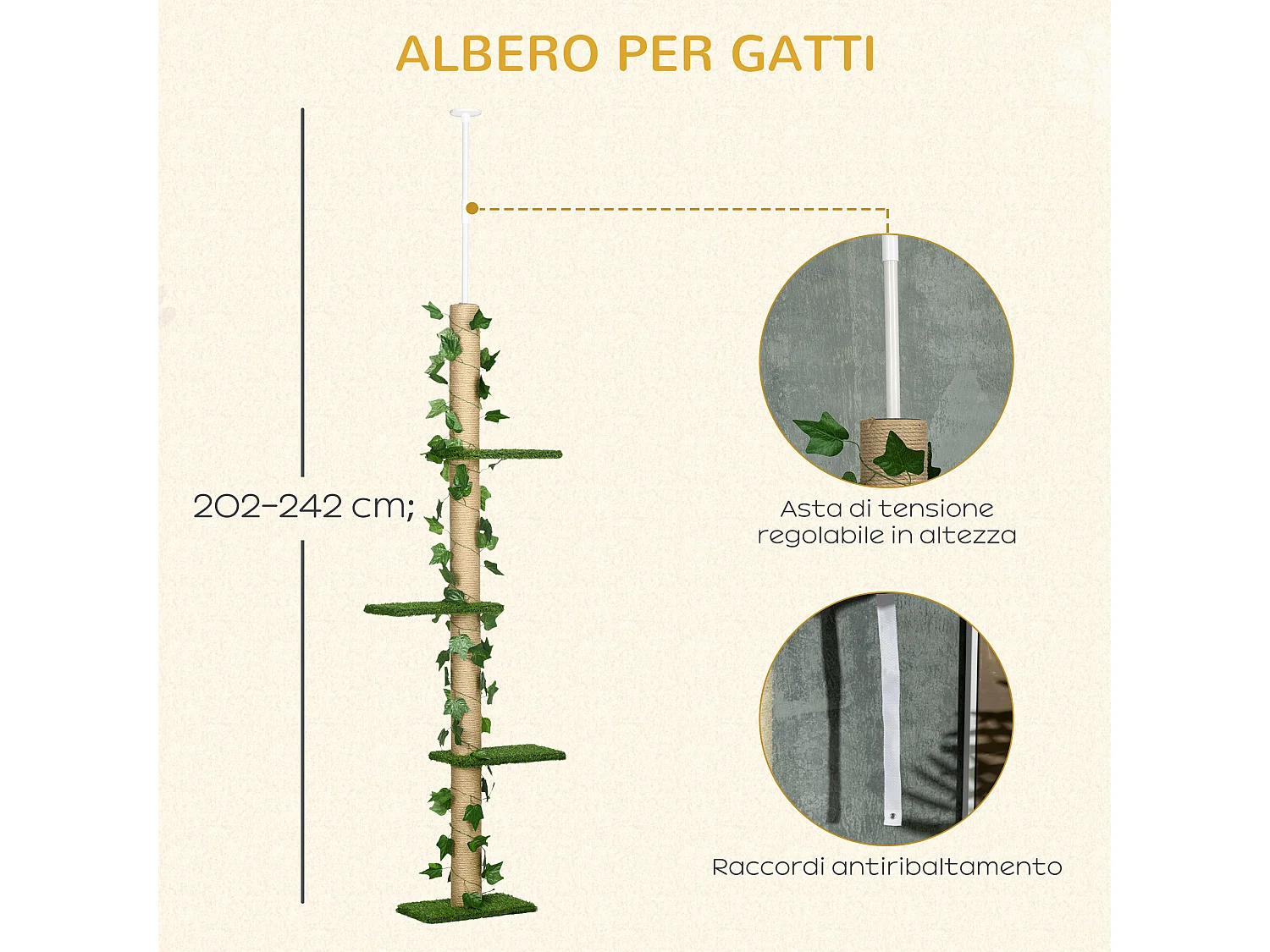 Albero tiragraffi per gatti a soffitto alto 202-242 cm regolabile, verde