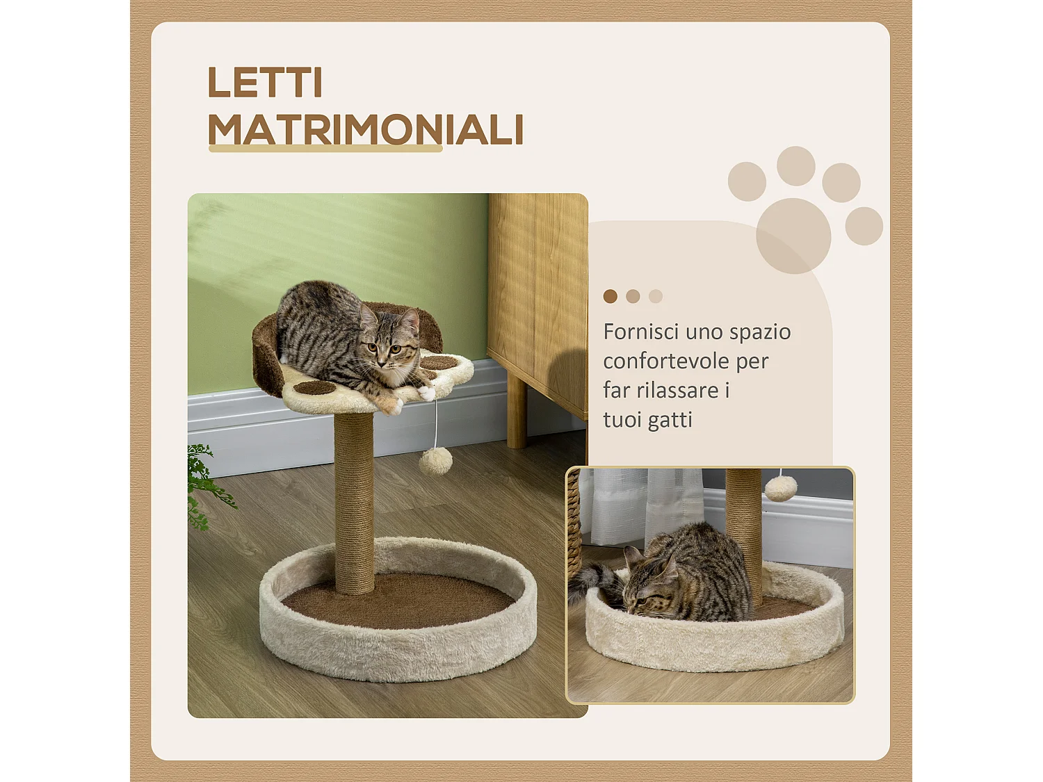 Tiragraffi per gatti 5kg max con lettino e pallina da gioco marrone beige
