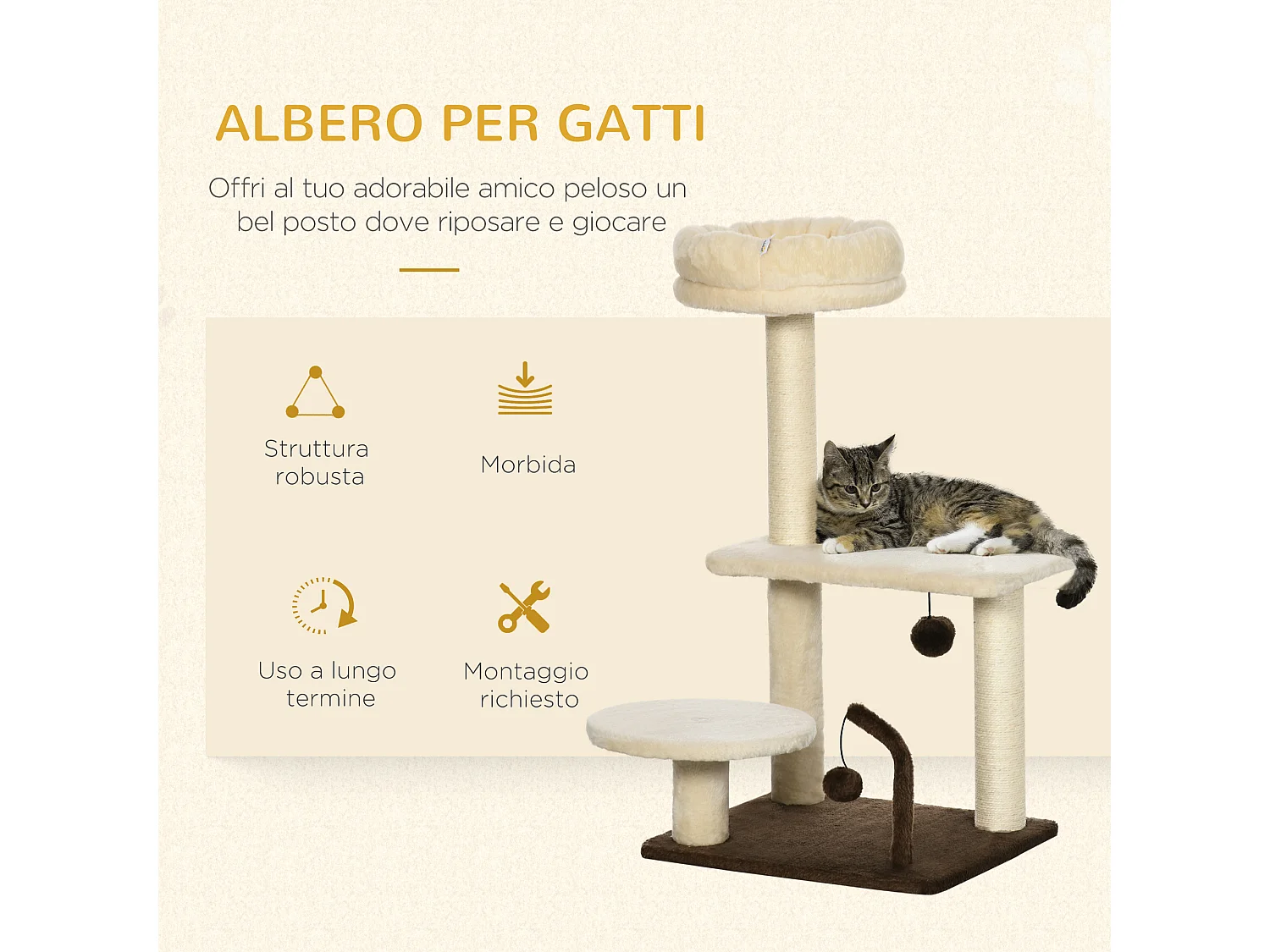 Albero tiragraffi per gatti con palo in sisal posatoio e palline da gioco