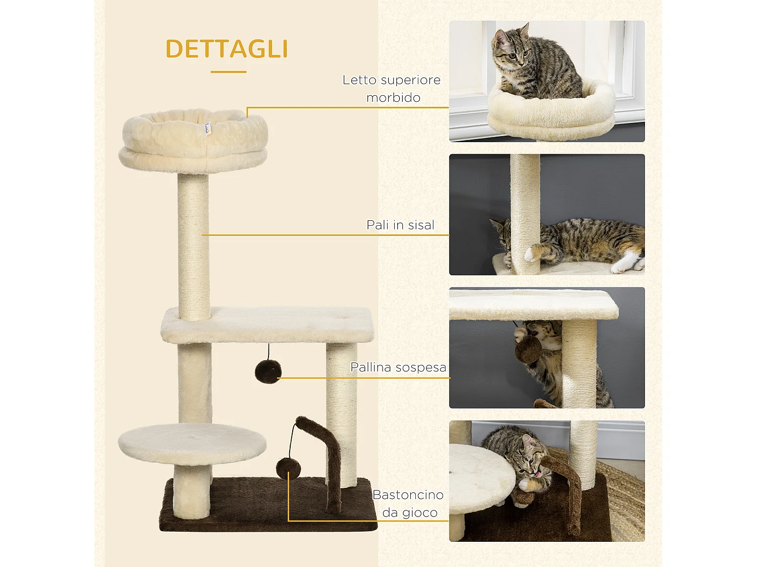 Albero tiragraffi per gatti con palo in sisal posatoio e palline da gioco