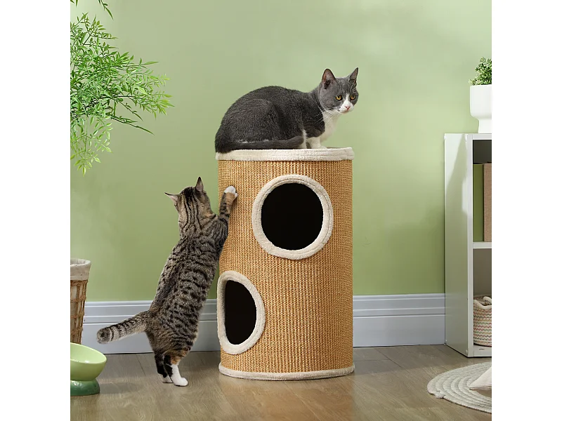 Tiragraffi per gatti a 2 livelli in sisal con casette in peluche marrone