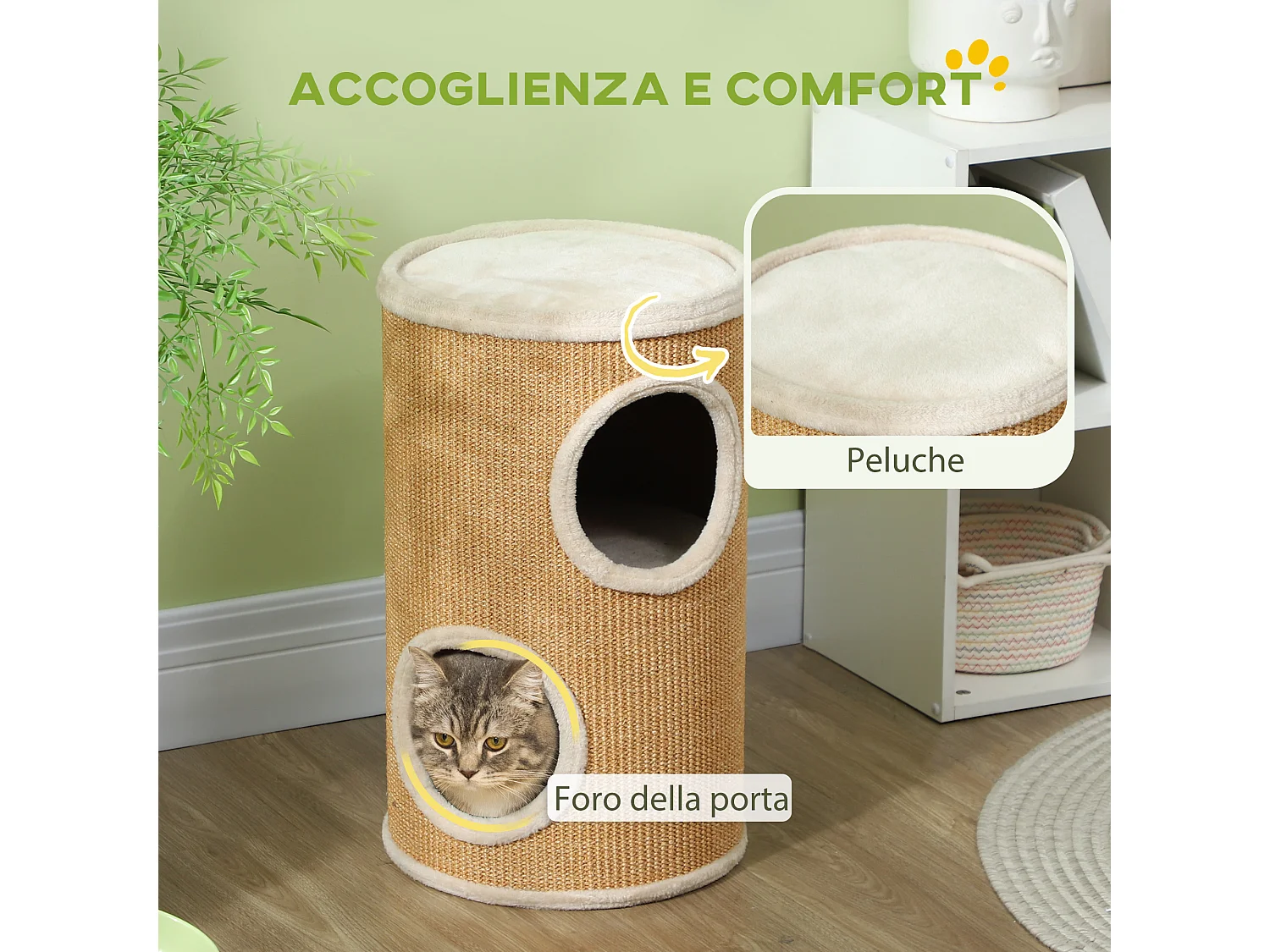 Tiragraffi per gatti a 2 livelli in sisal con casette in peluche marrone