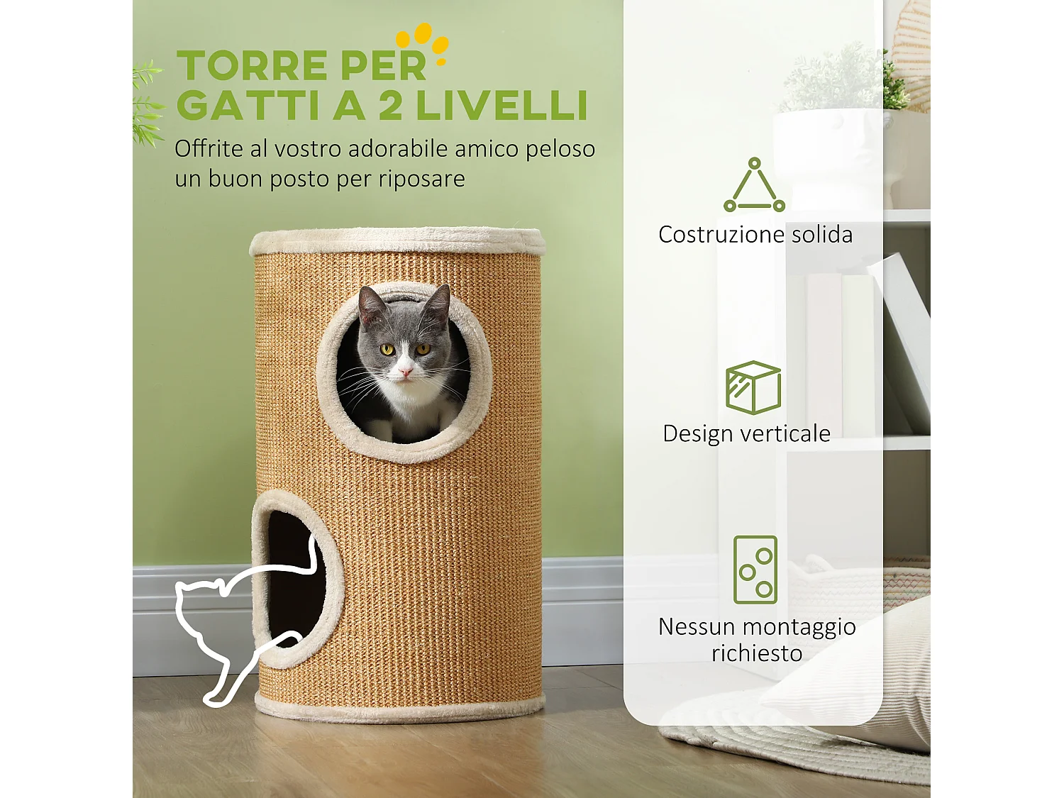 Tiragraffi per gatti a 2 livelli in sisal con casette in peluche marrone