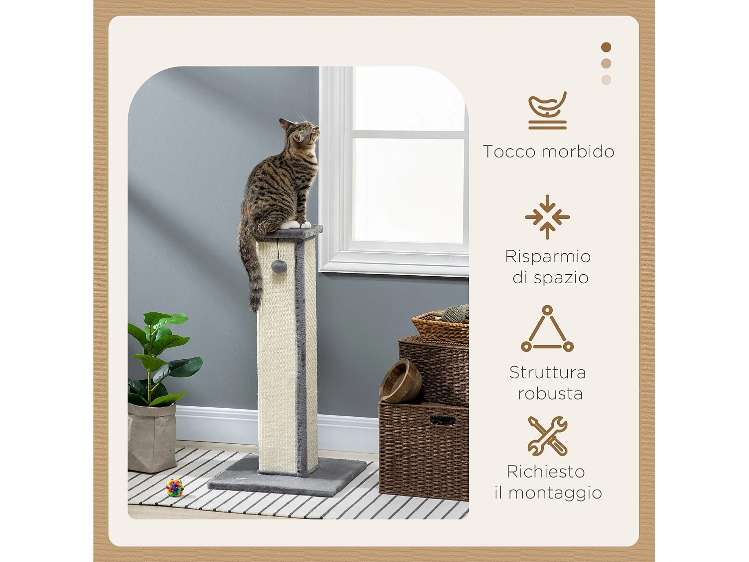Tiragraffi per gatti con palo in sisal e pallina 41x41x81cm grigio