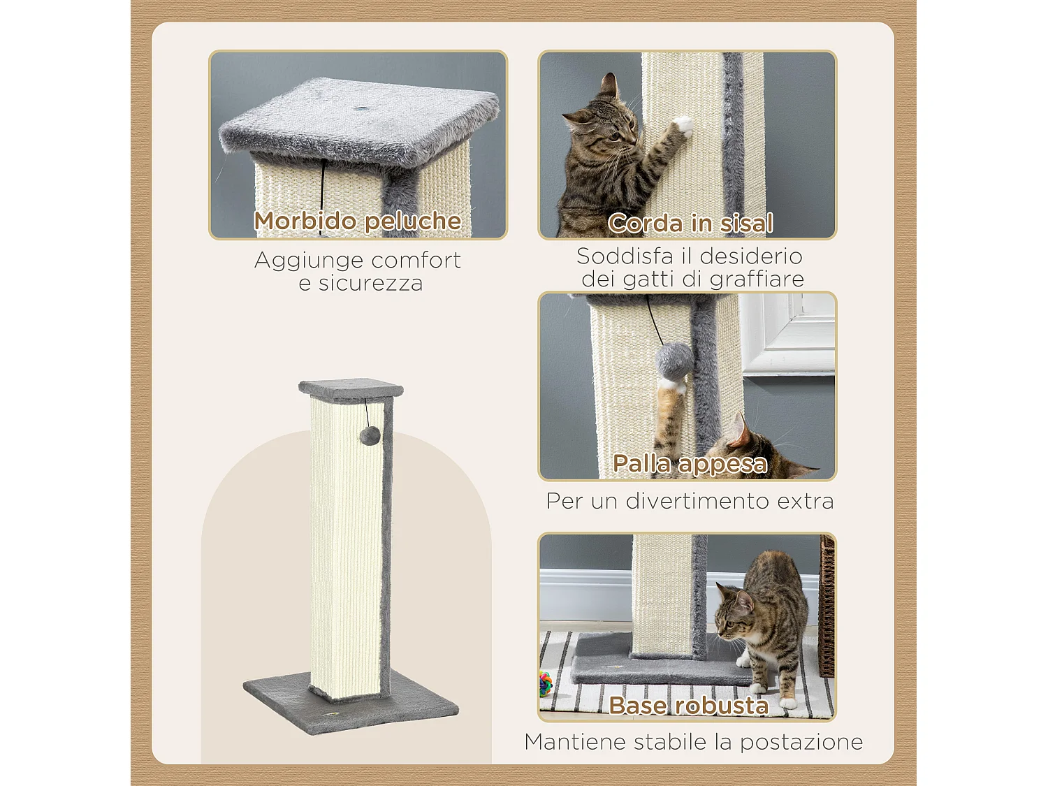 Tiragraffi per gatti con palo in sisal e pallina 41x41x81cm grigio