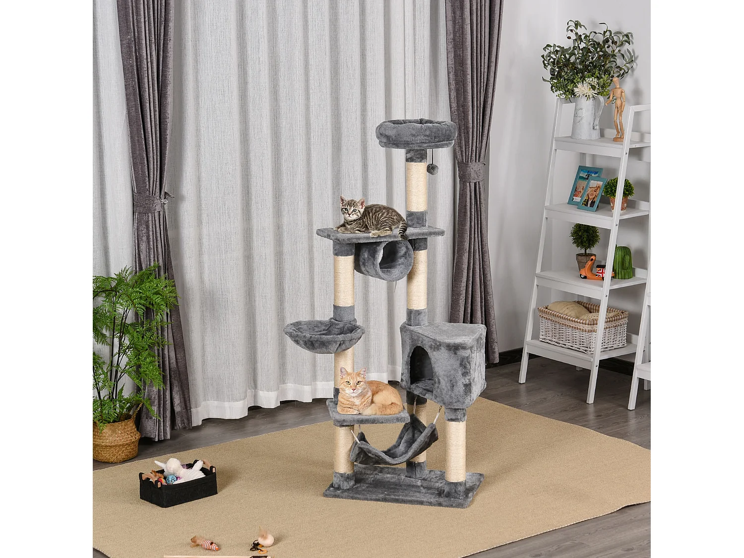 Tiragraffi per gatti con cuccia, amaca, e pali in sisal, grigio