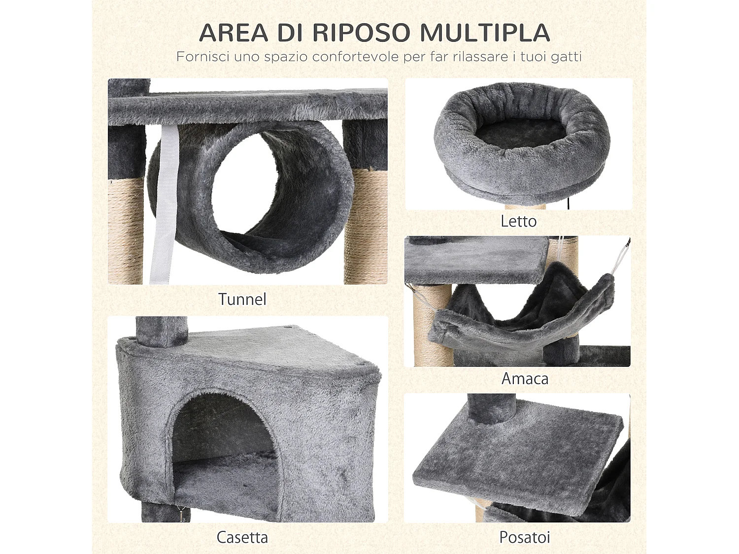 Tiragraffi per gatti con cuccia, amaca, e pali in sisal, grigio