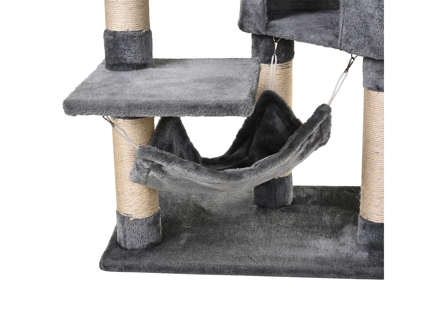 Tiragraffi per gatti con cuccia, amaca, e pali in sisal, grigio