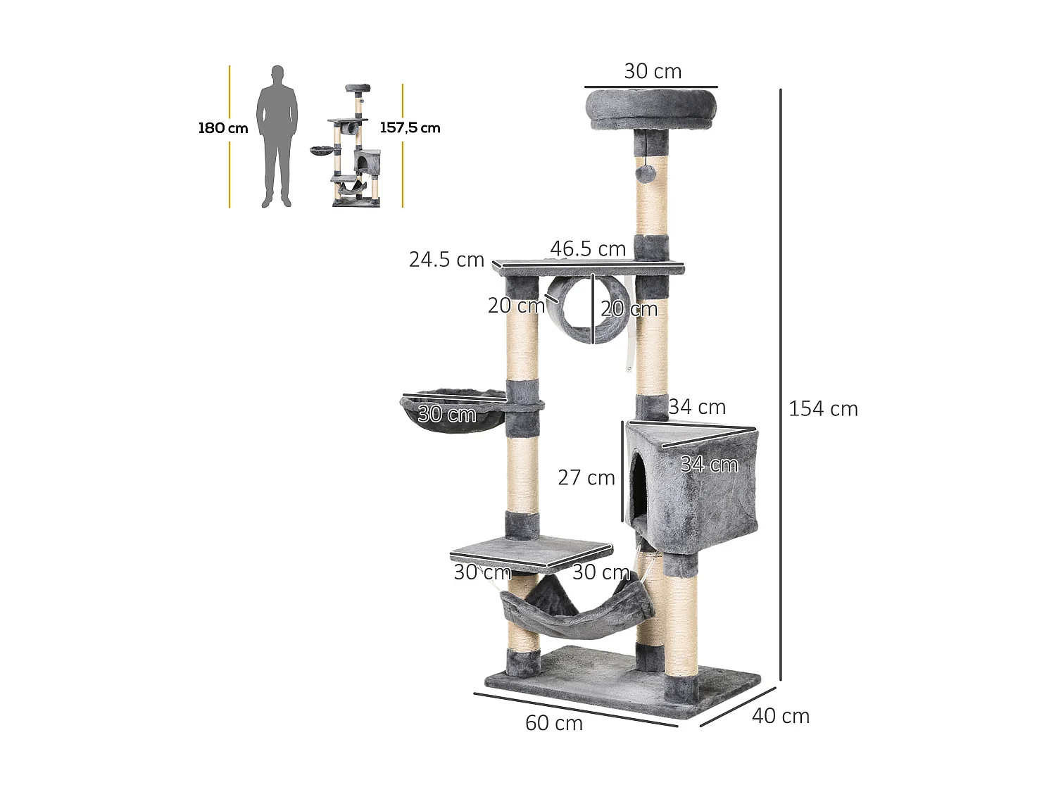 Tiragraffi per gatti con cuccia, amaca, e pali in sisal, grigio