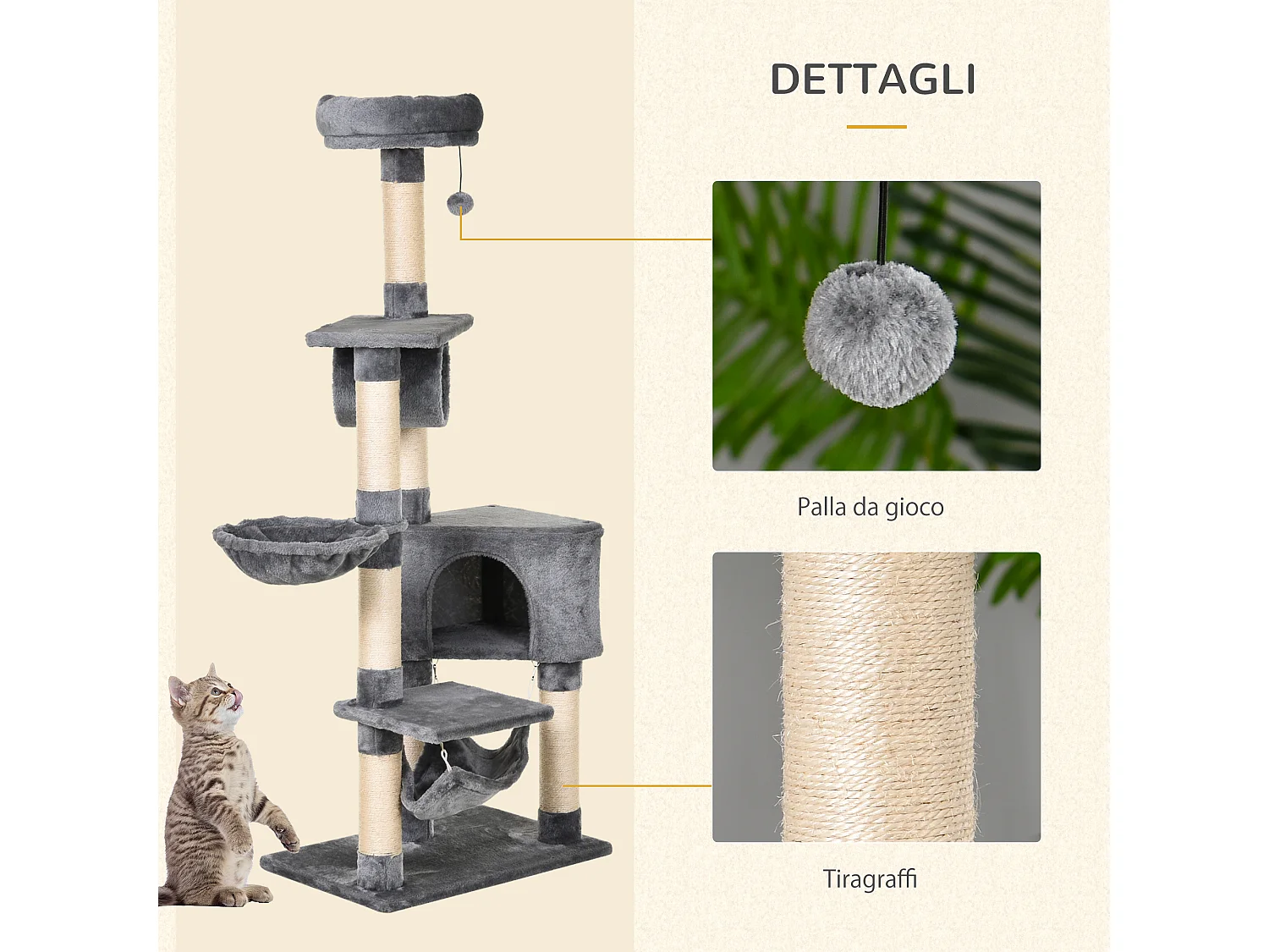 Tiragraffi per gatti con cuccia, amaca, e pali in sisal, grigio