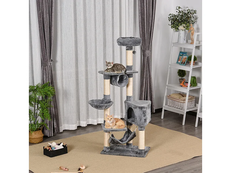 Tiragraffi per gatti con cuccia, amaca, e pali in sisal, grigio