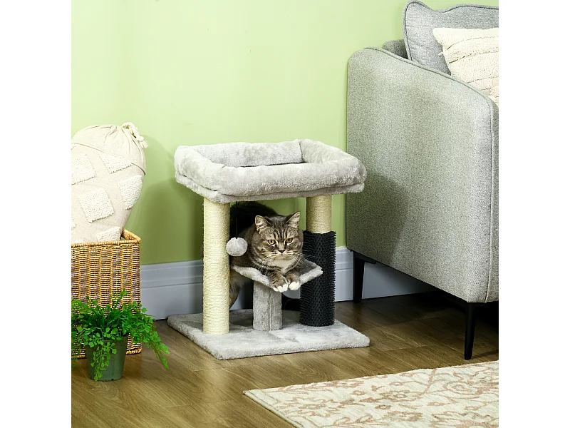 Albero tiragraffi con lettino, piattaforma, spazzola e palo sisal grigio