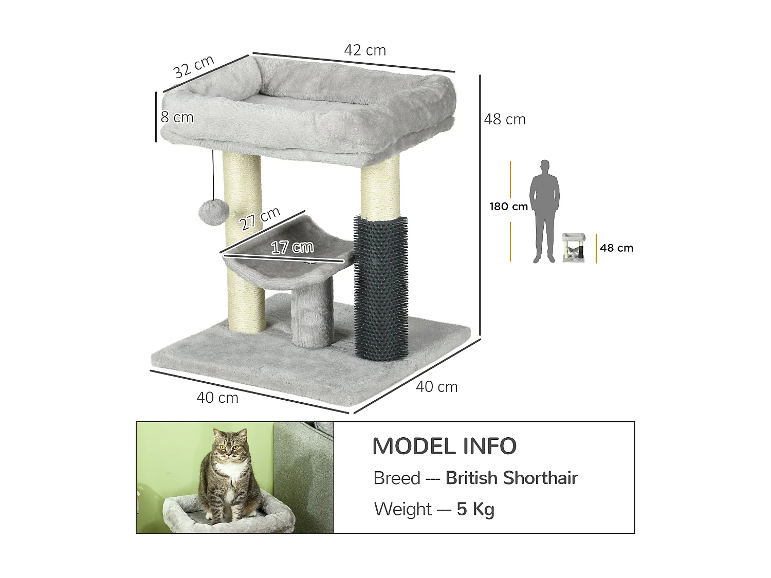 Albero tiragraffi con lettino, piattaforma, spazzola e palo sisal grigio