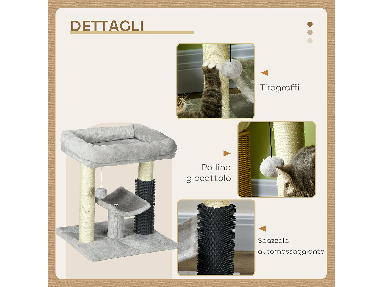 Albero tiragraffi con lettino, piattaforma, spazzola e palo sisal grigio