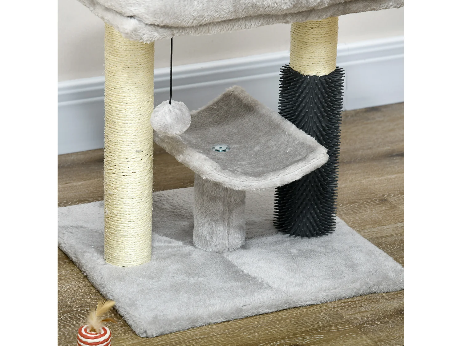 Albero tiragraffi con lettino, piattaforma, spazzola e palo sisal grigio