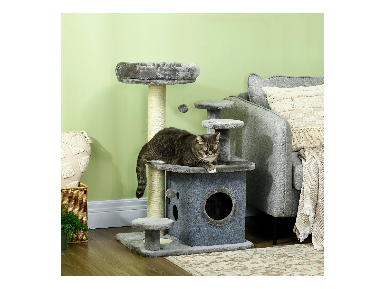 Tiragraffi per gatti con lettino e casetta in peluche 60x48x92cm grigio