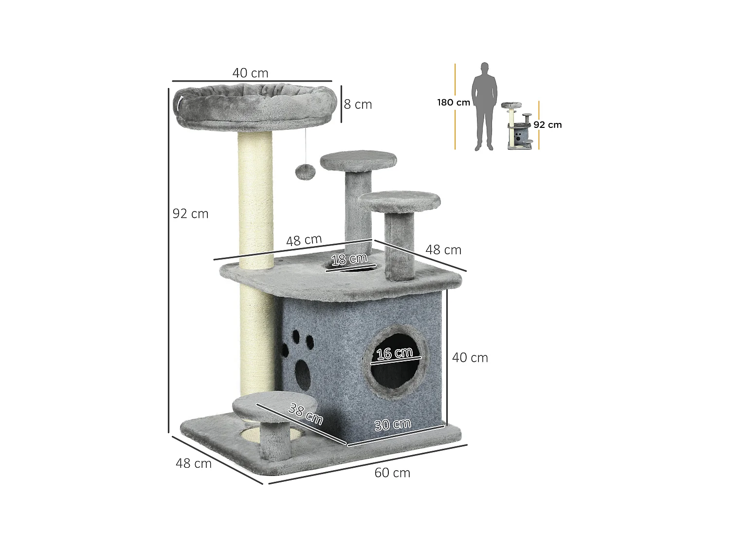 Tiragraffi per gatti con lettino e casetta in peluche 60x48x92cm grigio