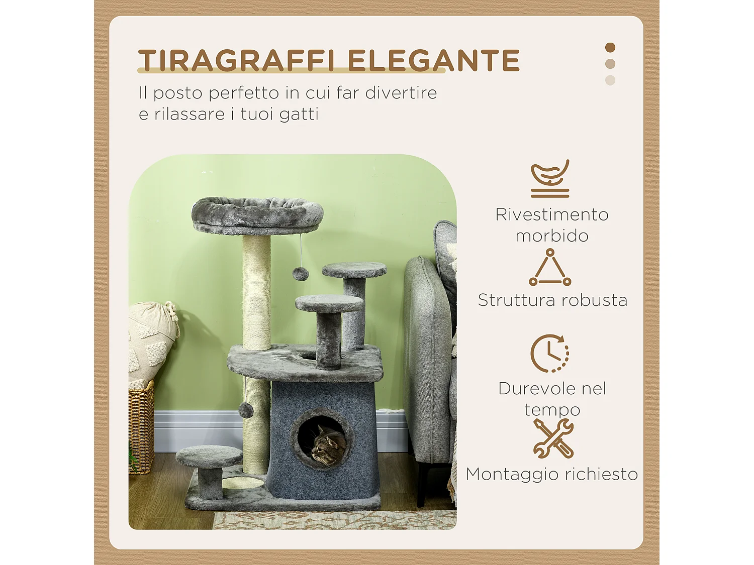 Tiragraffi per gatti con lettino e casetta in peluche 60x48x92cm grigio