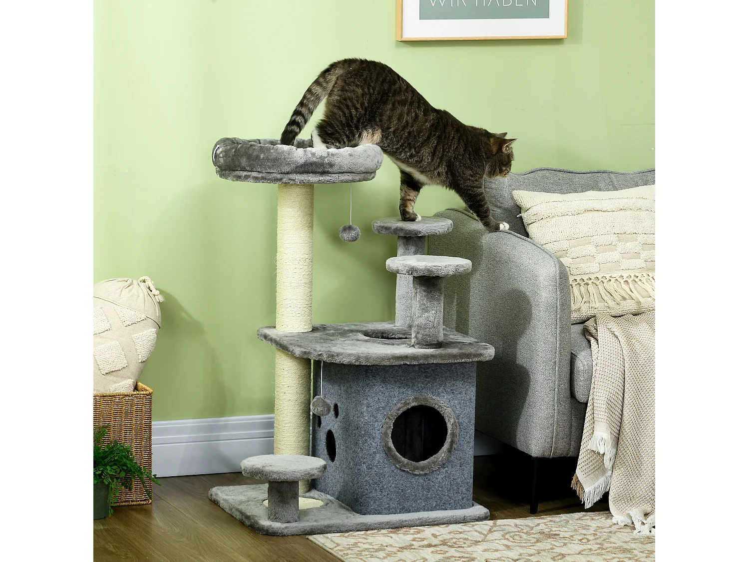 Tiragraffi per gatti con lettino e casetta in peluche 60x48x92cm grigio