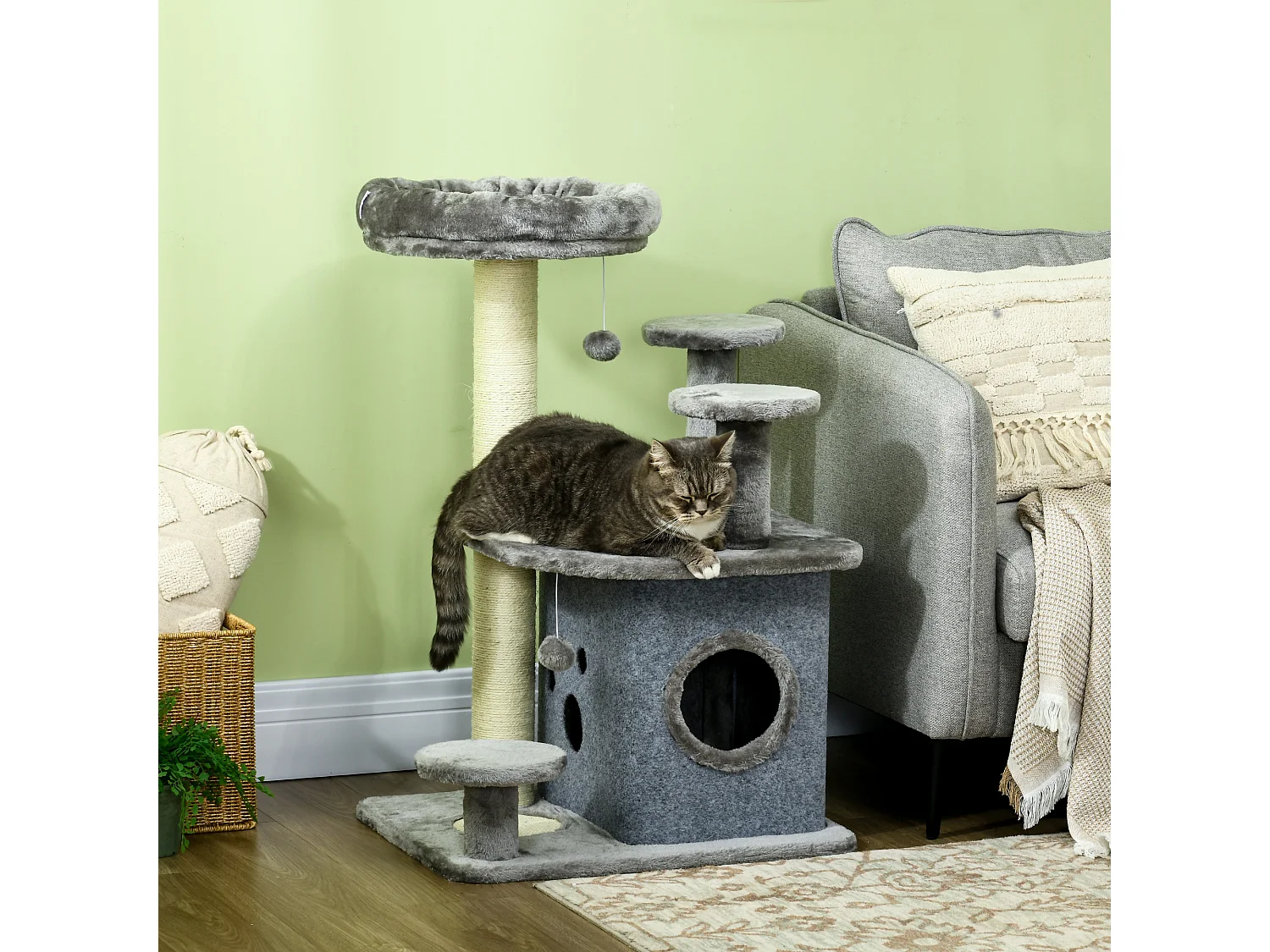 Tiragraffi per gatti con lettino e casetta in peluche 60x48x92cm grigio