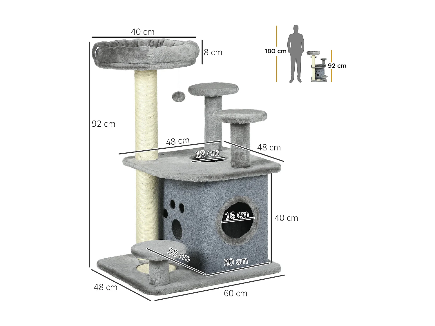 Tiragraffi per gatti con lettino e casetta in peluche 60x48x92cm grigio