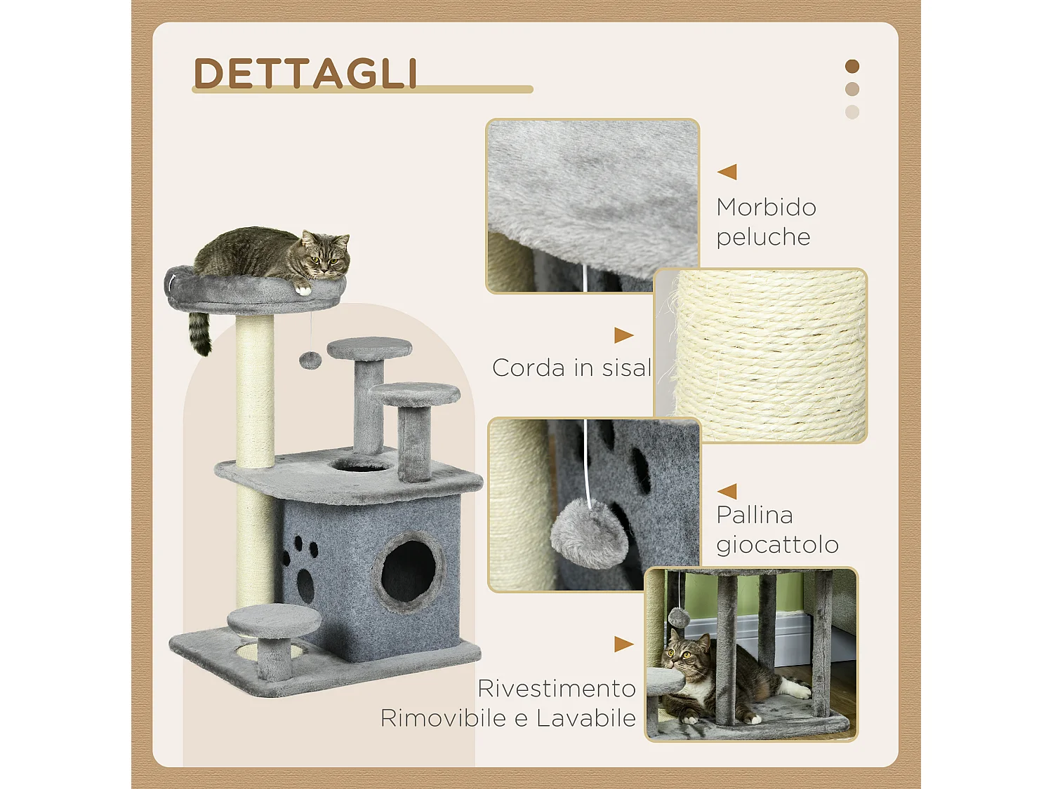 Tiragraffi per gatti con lettino e casetta in peluche 60x48x92cm grigio