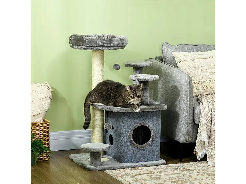 Tiragraffi per gatti con lettino e casetta in peluche 60x48x92cm grigio