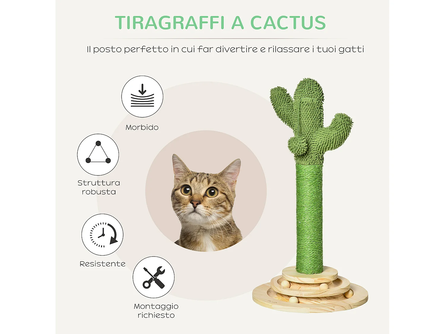 Albero tiragraffi a cactus per gatti corda sisal base con palline legno