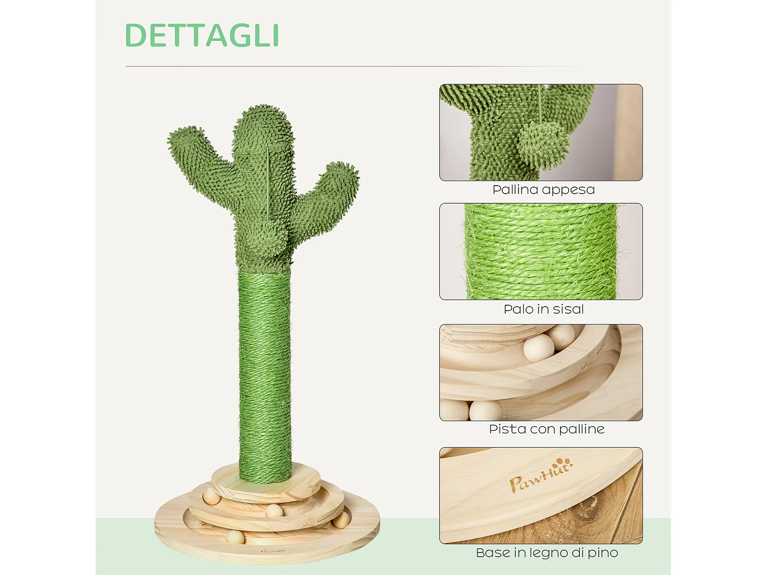 Albero tiragraffi a cactus per gatti corda sisal base con palline legno