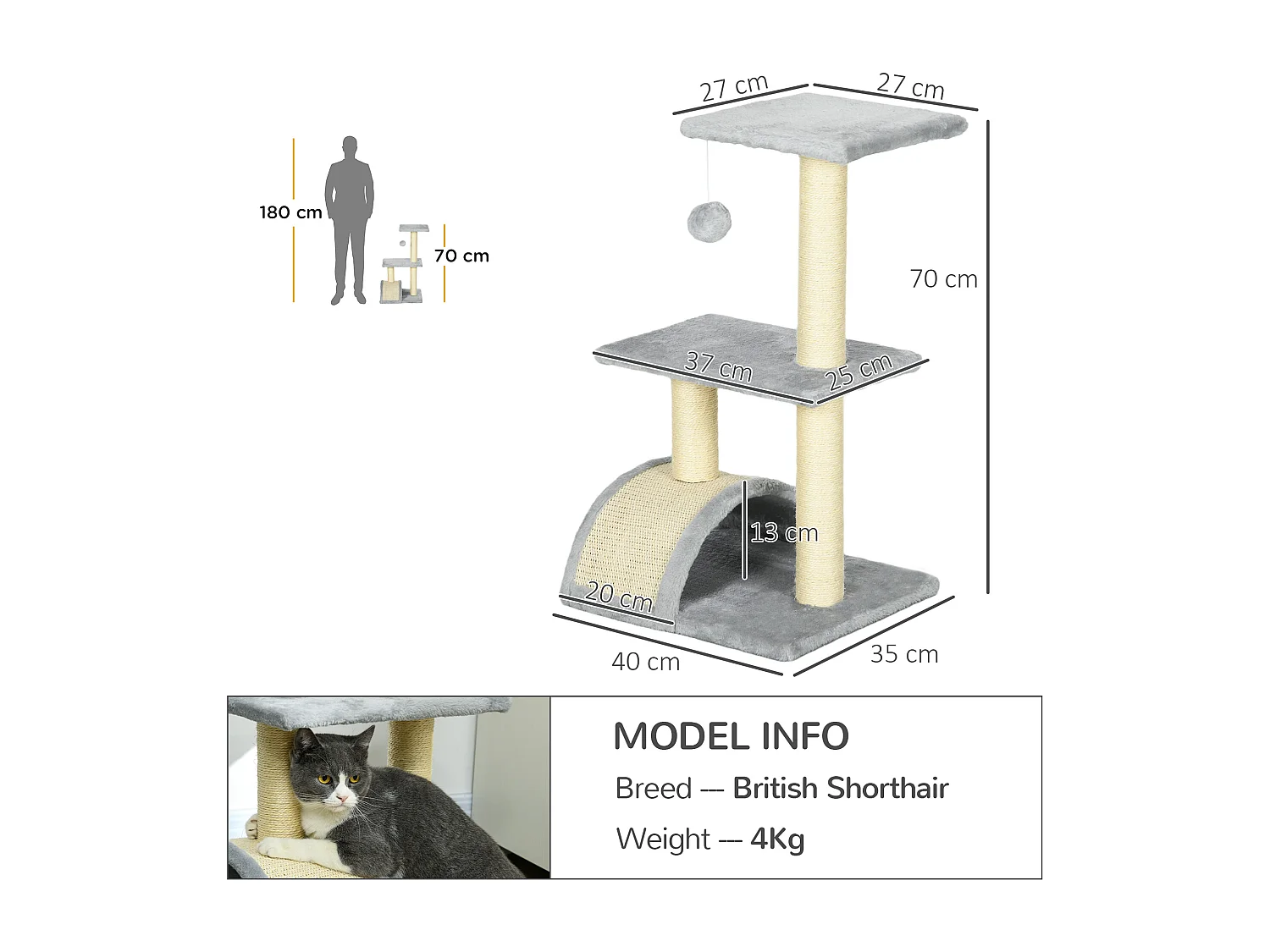 Albero per gatti a 3 livelli con tappetino tiragraffi grigio chiaro