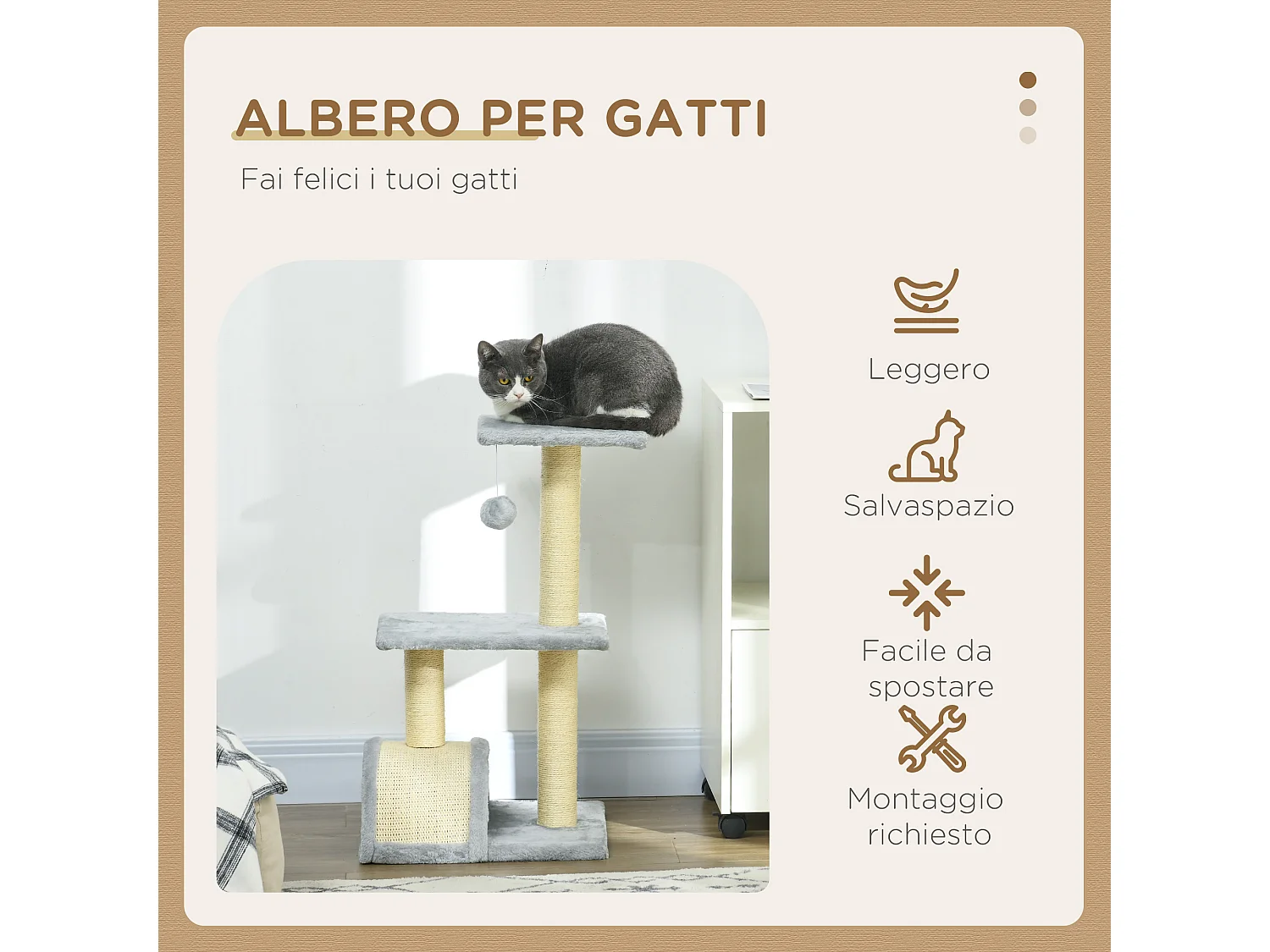 Albero per gatti a 3 livelli con tappetino tiragraffi grigio chiaro