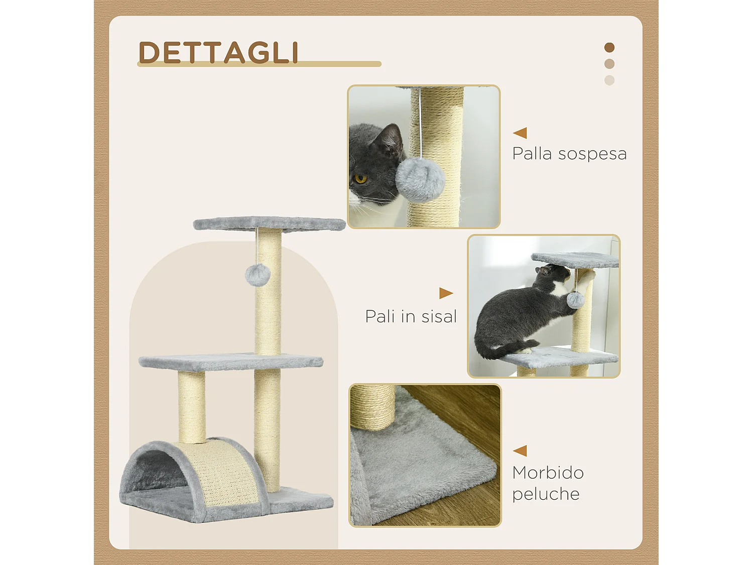 Albero per gatti a 3 livelli con tappetino tiragraffi grigio chiaro