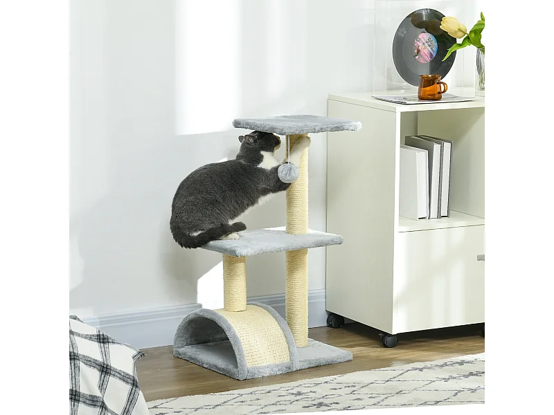 Albero per gatti a 3 livelli con tappetino tiragraffi grigio chiaro