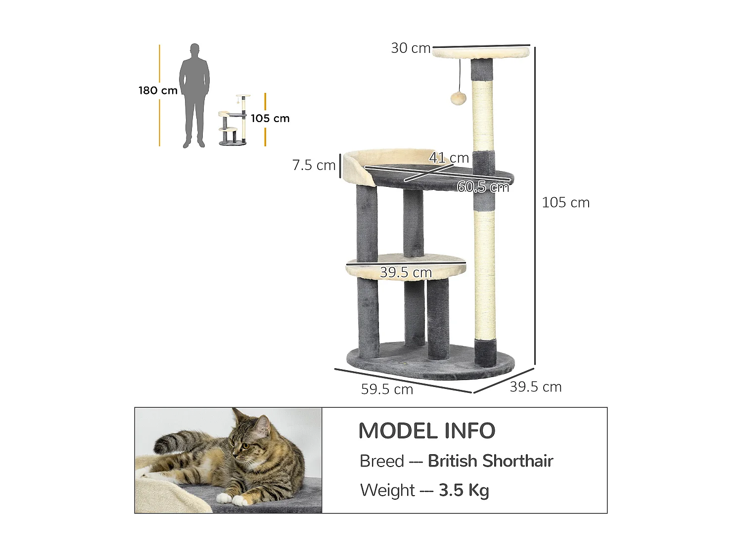 Albero tiragraffi per gatti a 3 livelli pali in sisal e altezza 105cm
