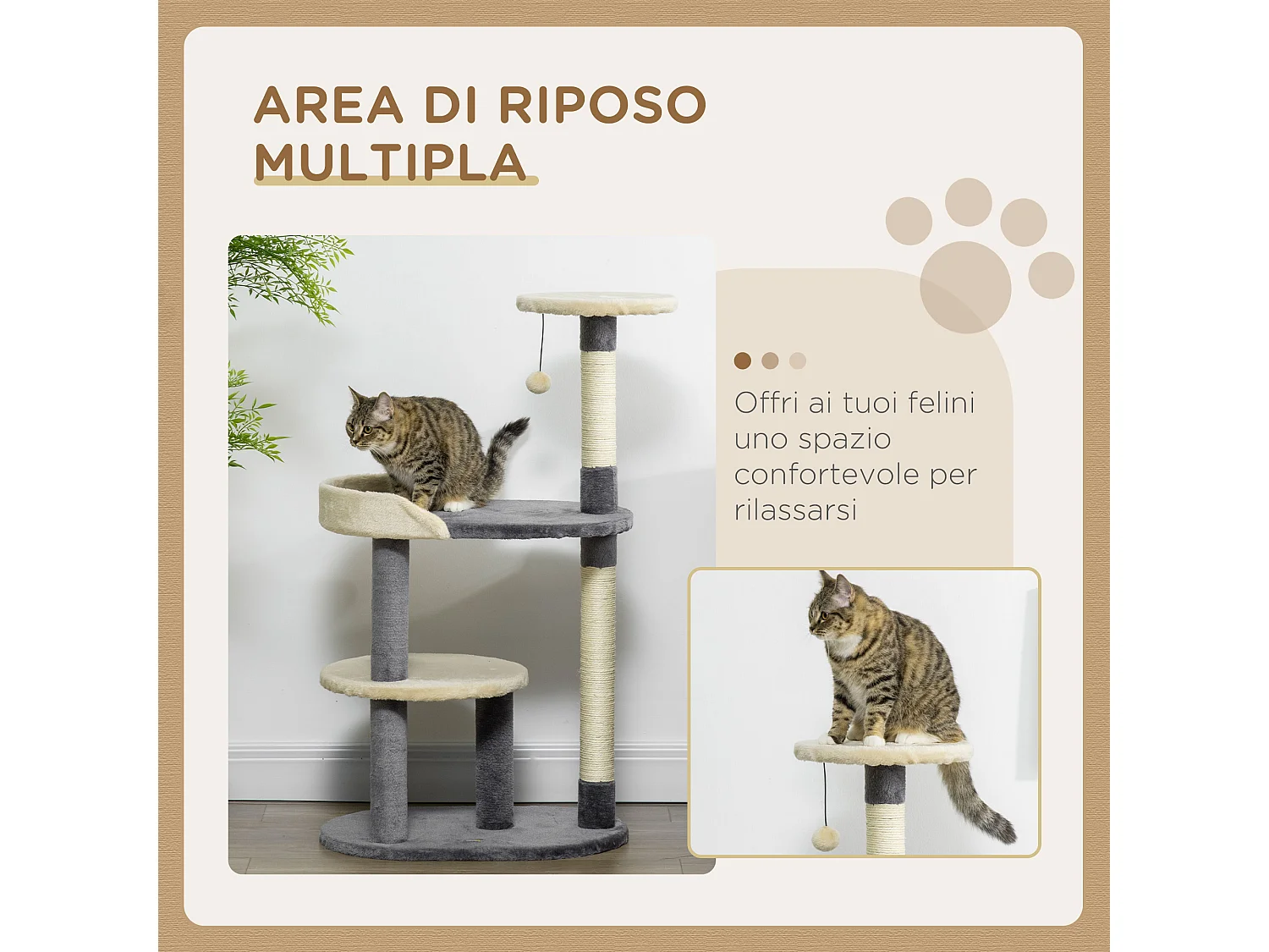 Albero tiragraffi per gatti a 3 livelli pali in sisal e altezza 105cm