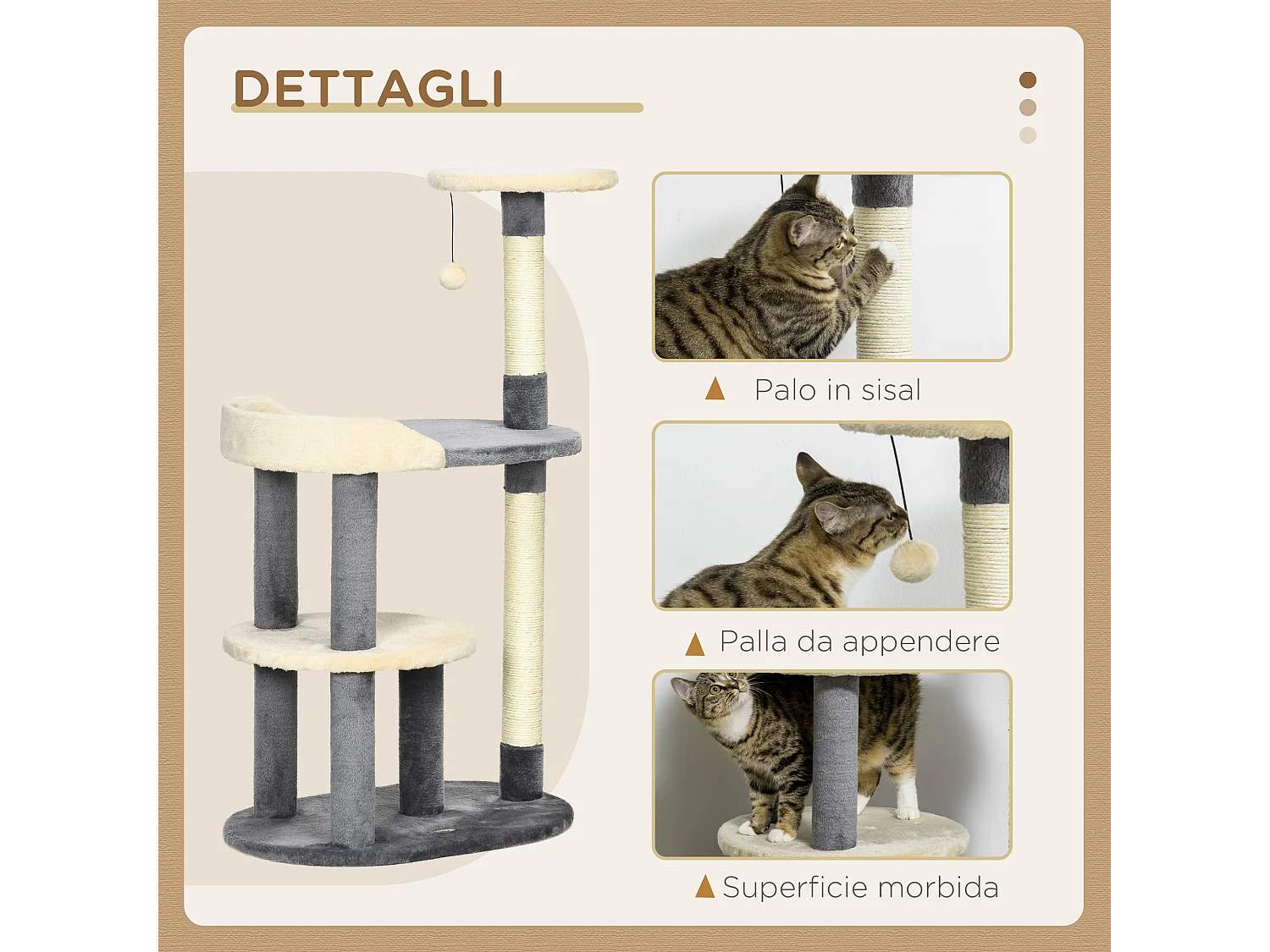Albero tiragraffi per gatti a 3 livelli pali in sisal e altezza 105cm