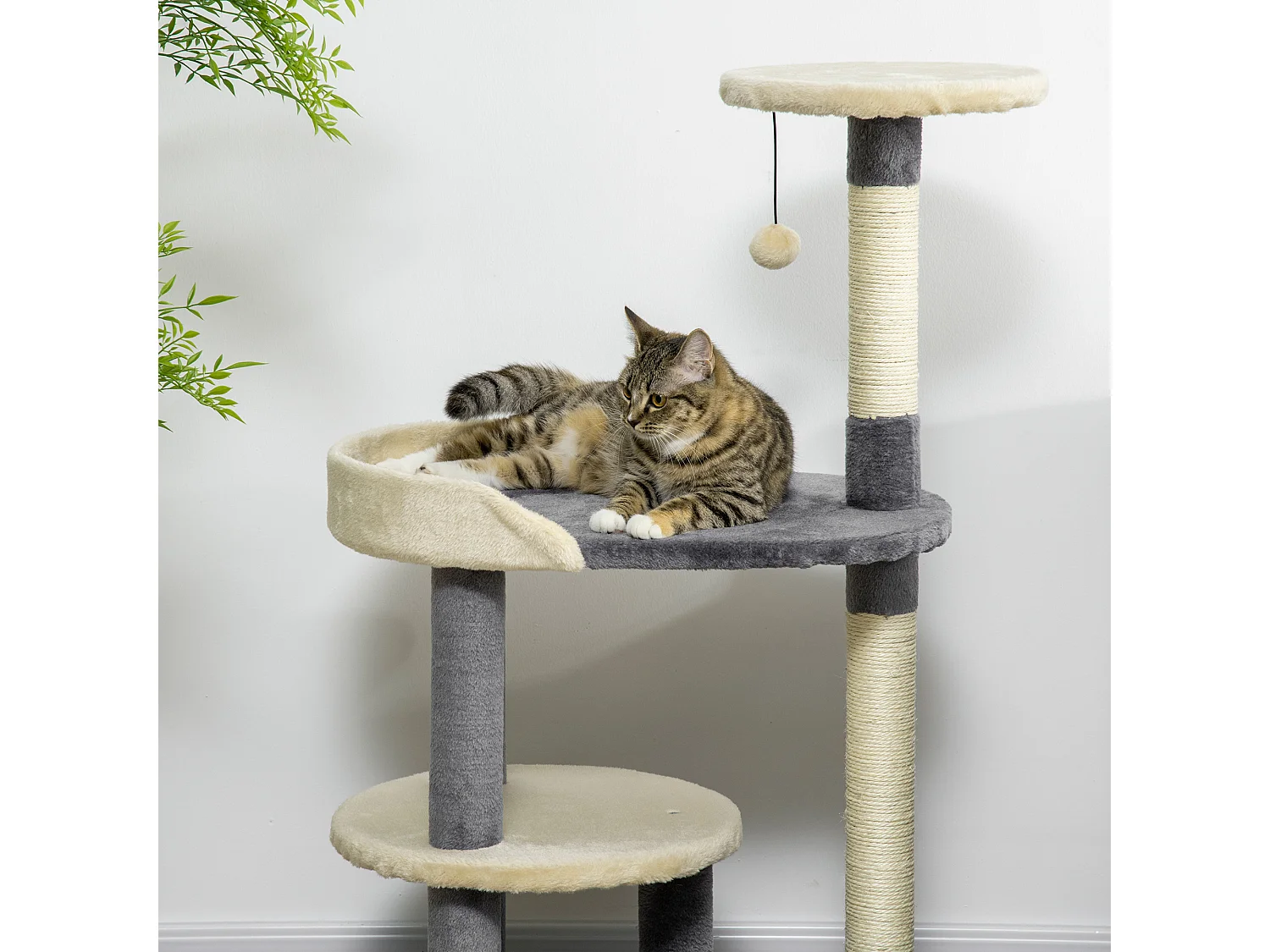 Albero tiragraffi per gatti a 3 livelli pali in sisal e altezza 105cm